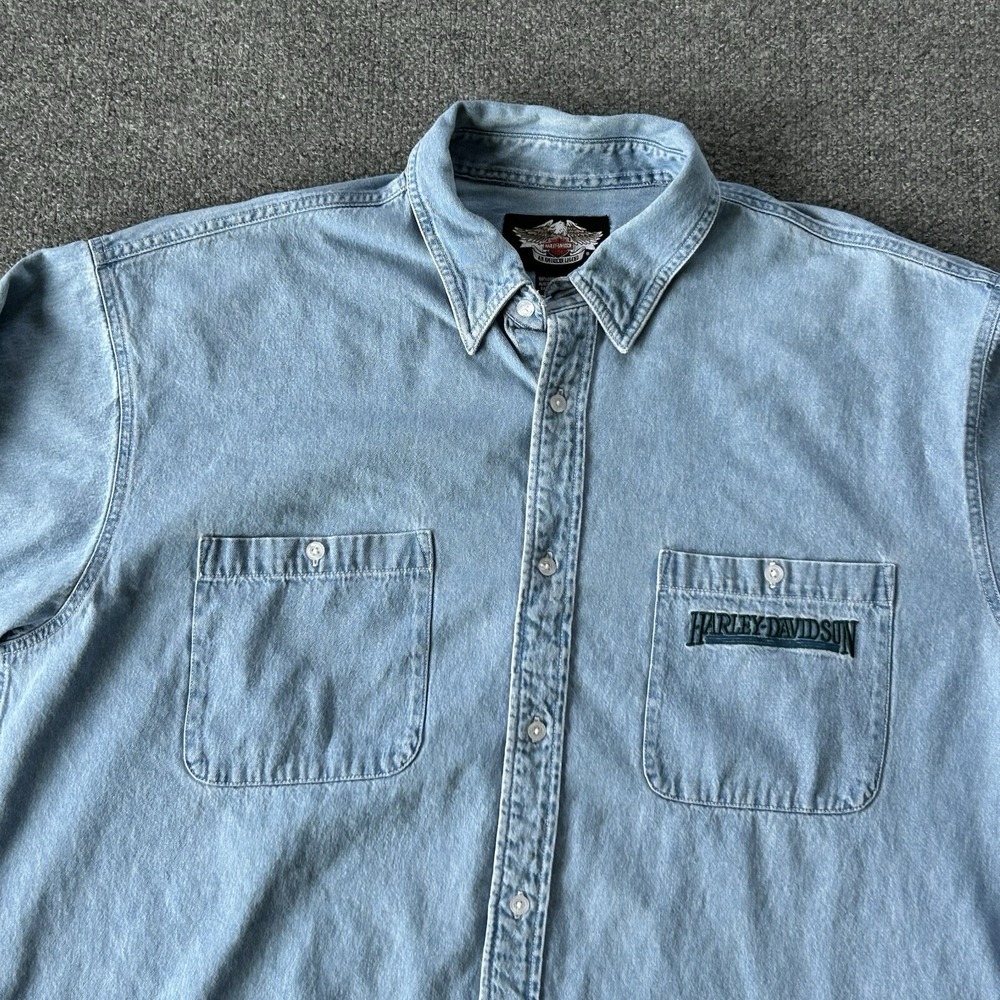 Harley Davidson Shirt Men XXL Denim Button Down ‎ Motorcycle  Embroidered VTG